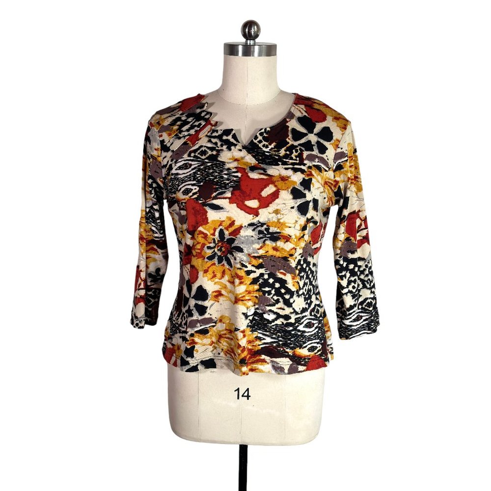 parsley & sage artsy 100% cotton knit top L large blouse shirt floral boho EUC